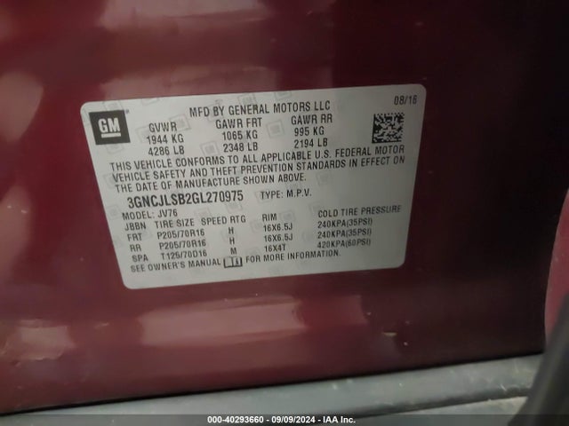 Chevrolet Trax Lt 2016 3GNCJLSB2GL270975 Image 9