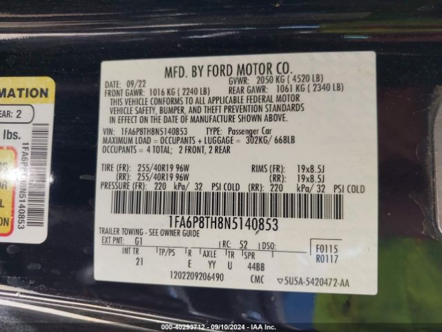 1FA6P8TH8N5140853 Ford Mustang Ecoboost Fastback