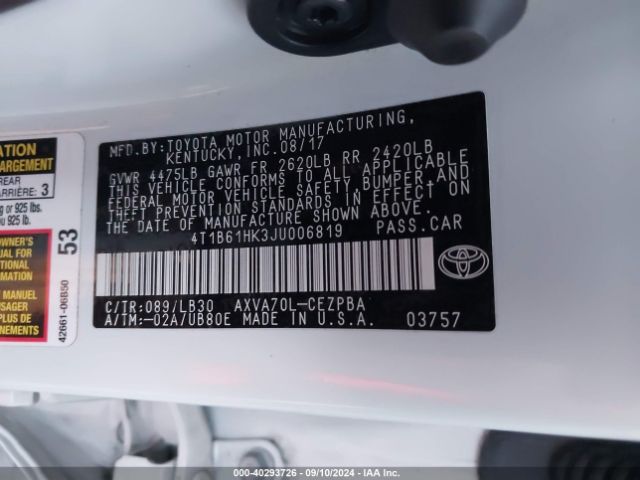 4T1B61HK3JU006819 Toyota CAMRY XSE