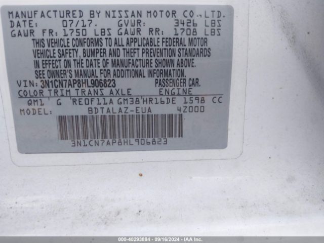 3N1CN7AP8HL906823 Nissan Versa 1.6 S+