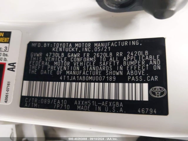 4T1JA1AB0MU007189 Toyota Avalon Xle Hybrid