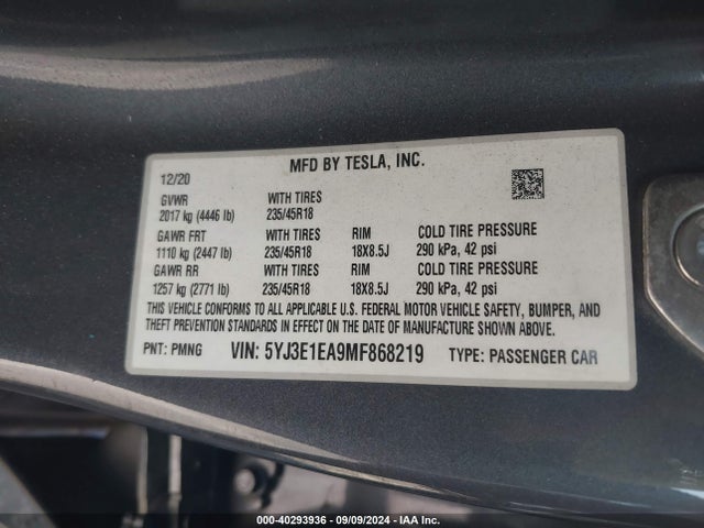 Tesla Model 3 Standard Range Plus Rear-wheel Drive 2021 5YJ3E1EA9MF868219 Image 8