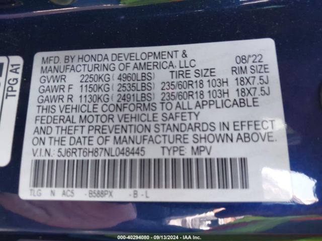 5J6RT6H87NL048445 Honda Cr-v Hybrid Ex-l