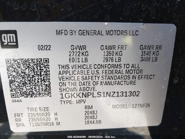 1GKKNPLS1NZ131302 GMC Acadia Fwd Denali