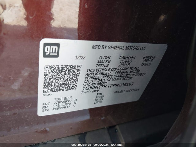1GNSKTKT8PR236193 Chevrolet Tahoe 4wd High Country