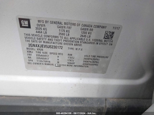 Chevrolet EQUINOX LT 2018 2GNAXJEV9J6236172 Image 9