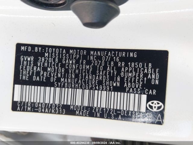 5YFBURHE0GP549991 Toyota Corolla S W/special Edition Pkg