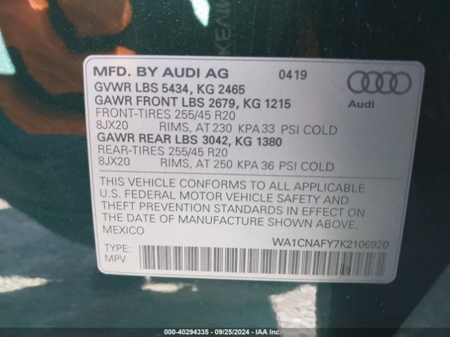WA1CNAFY7K2106920 Audi Q5 45 Premium