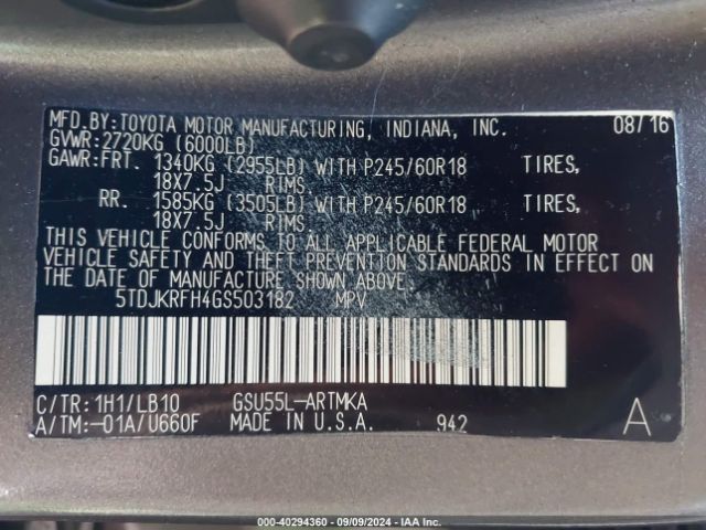 5TDJKRFH4GS503182 Toyota Highlander Xle V6
