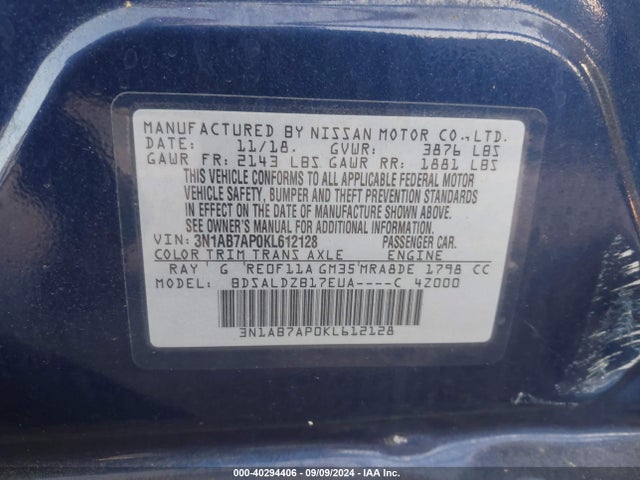 3N1AB7AP0KL612128 Nissan SENTRA SV