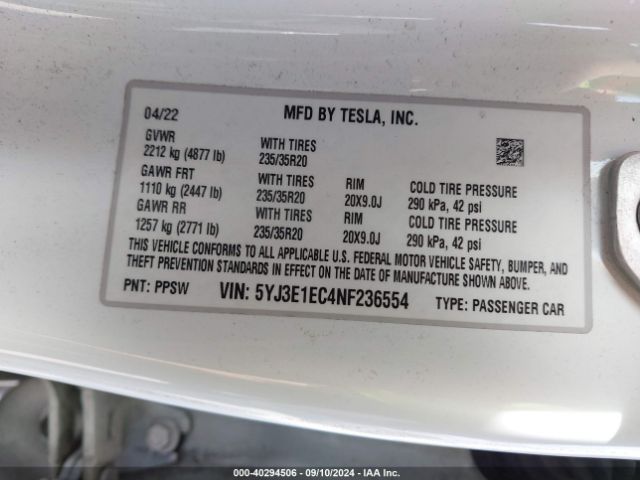 5YJ3E1EC4NF236554 Tesla Model 3 Performance Dual Motor All-wheel Drive