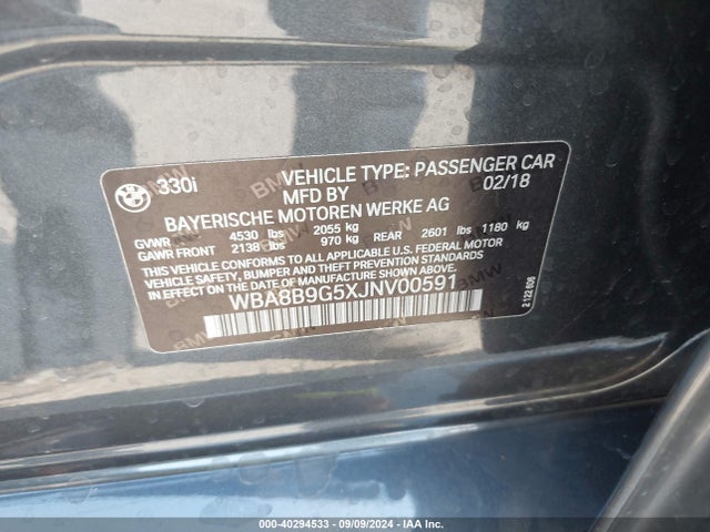 Aukcja sprzedaży 2018 Bmw 330i, vin: WBA8B9G5XJNV00591, numer aukcji: 40294533