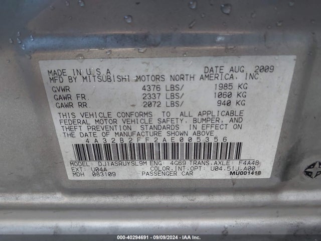 2010 MITSUBISHI GALANT 4A32B2FF2AE005356 Photo 8