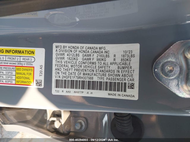 Honda CIVIC EX 2024 2HGFE1F79RH307988 Image 9