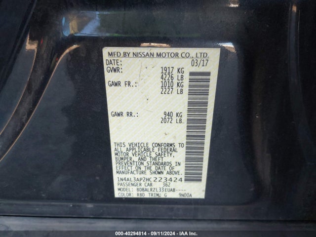 Nissan Altima 2.5 Sl 2017 1N4AL3AP2HC223424 Image 9