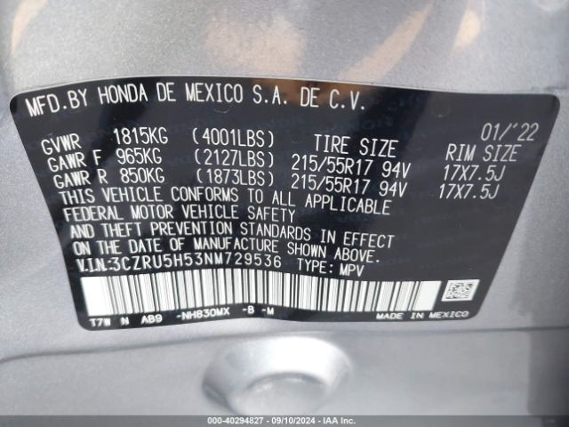 3CZRU5H53NM729536 Honda Hr-v 2wd Ex