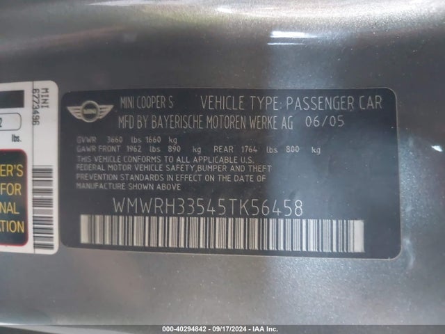 2005 MINI COOPER S WMWRH33545TK56458 Photo 8