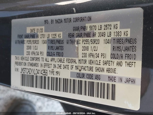 JM3TCADYXL0414358 Mazda Cx-9 Grand Touring
