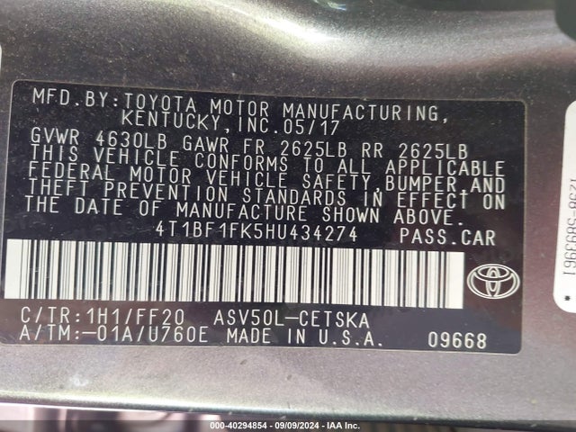 Toyota CAMRY SE 2017 4T1BF1FK5HU434274 Image 9