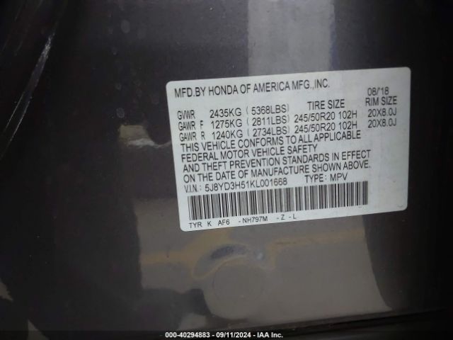 5J8YD3H51KL001668 Acura Mdx Tech Pkg