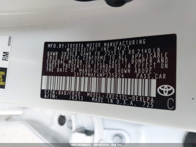 Toyota COROLLA LE 2021 5YFEPMAE4MP235824 Image 9