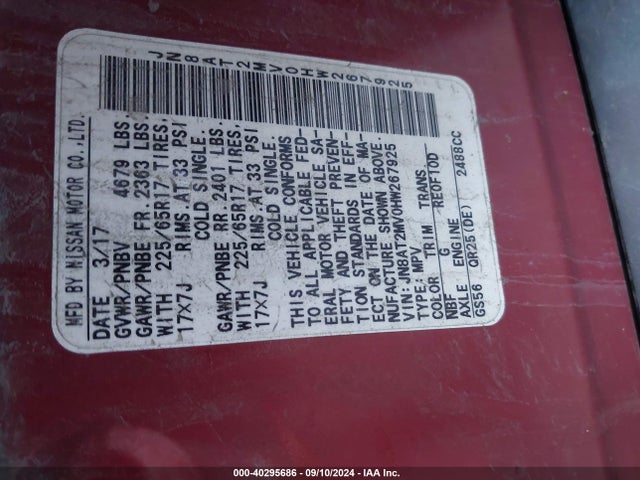 Nissan ROGUE SV 2017 JN8AT2MV0HW267925 Image 9