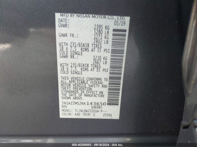 5N1AZ2MS2KN143650 Nissan MURANO SV