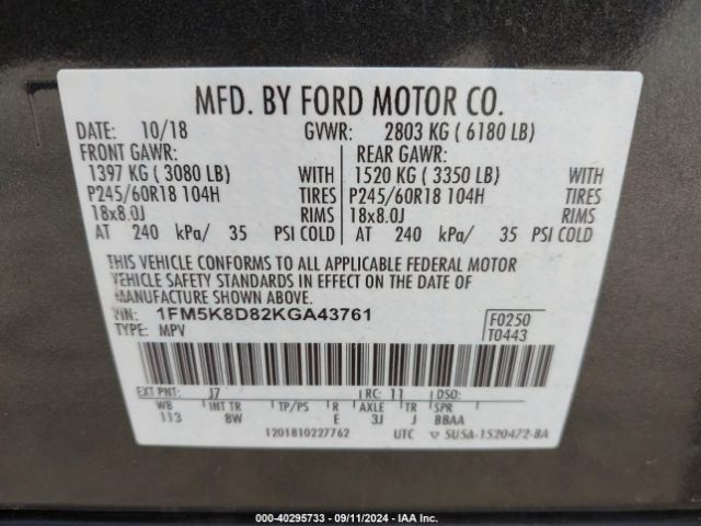 1FM5K8D82KGA43761 Ford EXPLORER XLT