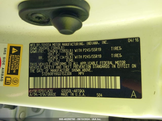 5TDYKRFHXGS152308 Toyota Highlander Limited V6