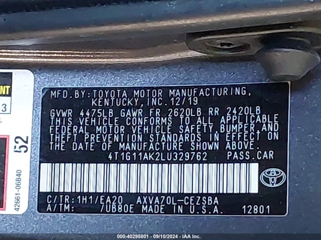 Toyota CAMRY SE 2020 4T1G11AK2LU329762 Image 9