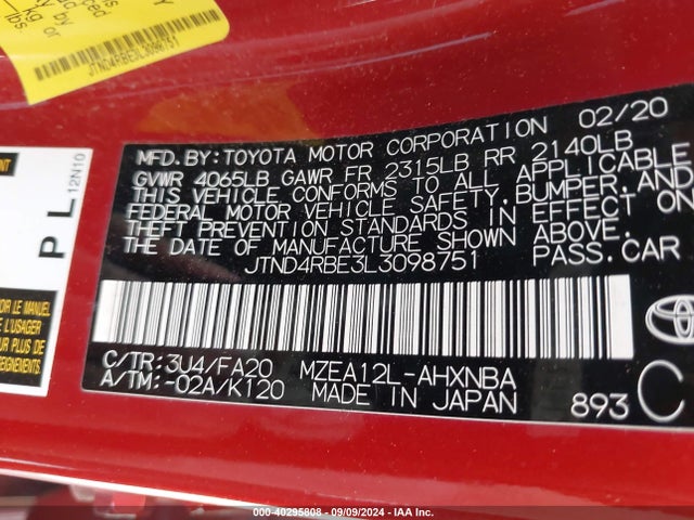 Toyota COROLLA SE 2020 JTND4RBE3L3098751 Image 9