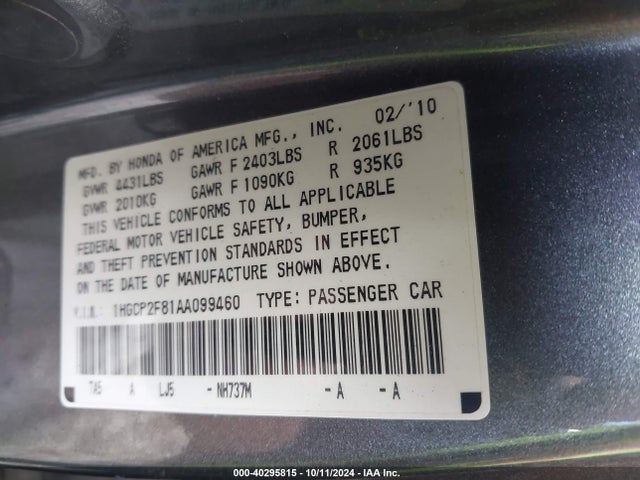 Aukcja sprzedaży 2010 Honda Accord 2.4 Ex-l, vin: 1HGCP2F81AA099460, numer aukcji: 40295815