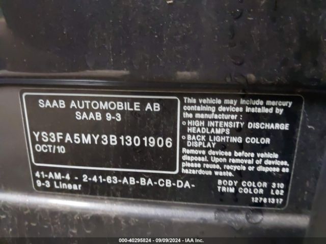 2011 SAAB 9-3 YS3FA5MY3B1301906 Photo 8