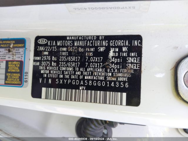 5XYPGDA58GG014356 KIA Sorento 3.3l Lx