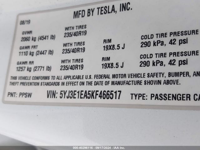 5YJ3E1EA5KF466517 Tesla Model 3 Long Range/mid Range/standard Range/standard Range Plus