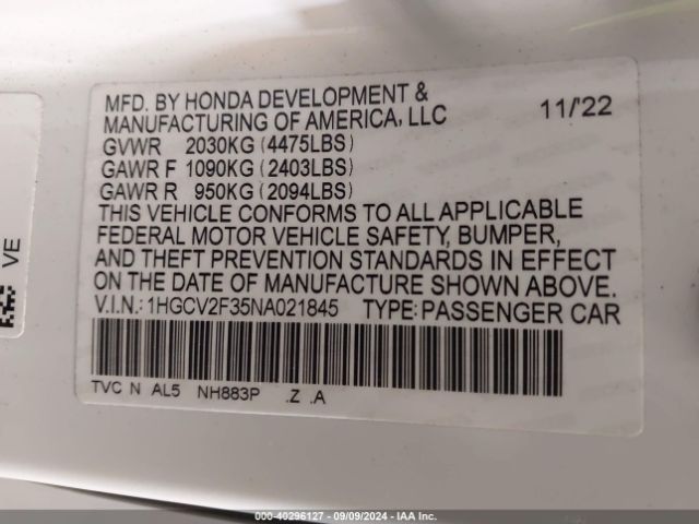 1HGCV2F35NA021845 Honda Accord Sport 2.0t