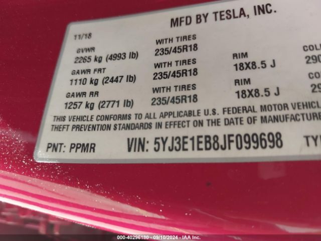 5YJ3E1EB8JF099698 Tesla Model 3 Long Range/performance