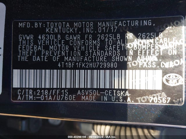 Toyota CAMRY SE 2017 4T1BF1FK2HU729980 Image 9