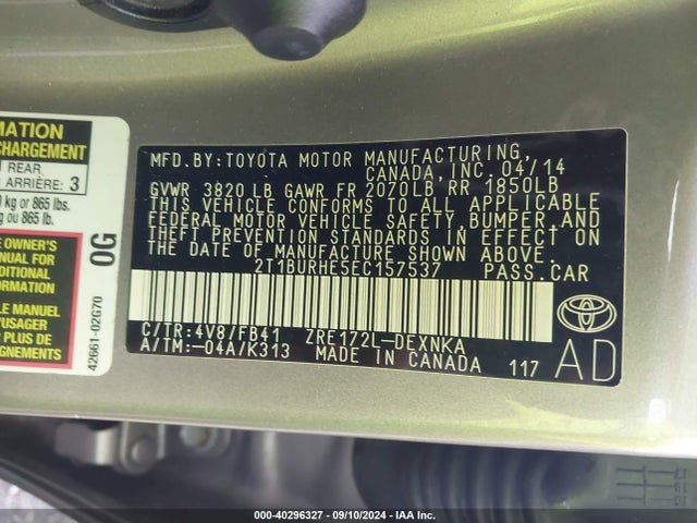 Toyota COROLLA LE 2014 2T1BURHE5EC157537 Image 9