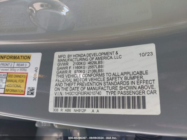 1HGCY2F63RA010740 Honda Accord Hybrid Ex-l