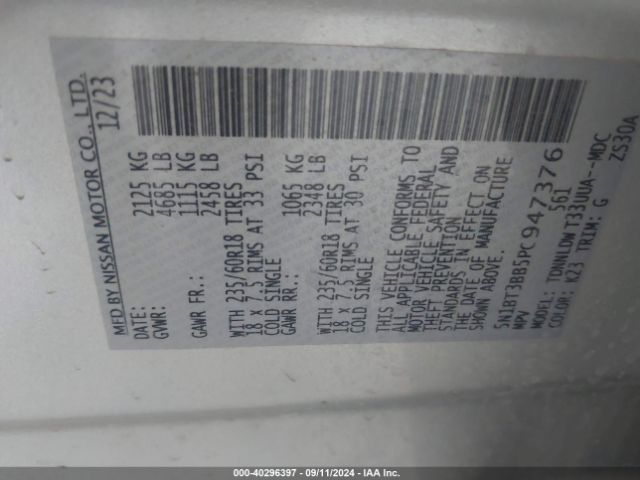 5N1BT3BB5PC947376 Nissan Rogue Sv Intelligent Awd