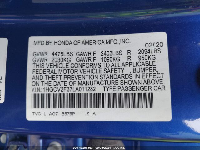 1HGCV2F37LA011282 Honda Accord Sport 2.0t