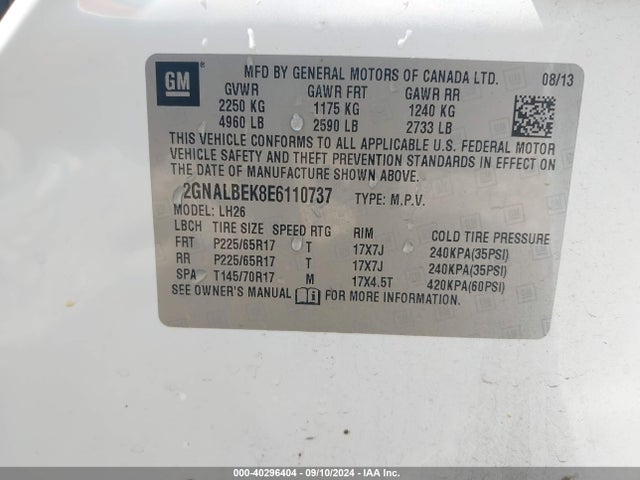 Chevrolet EQUINOX 1LT 2014 2GNALBEK8E6110737 Image 9