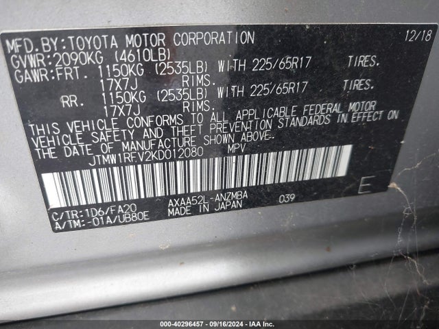 Toyota Rav4 Xle 2019 JTMW1RFV2KD012080 Image 9
