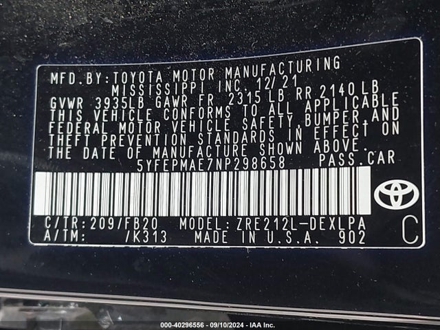 Toyota COROLLA LE 2022 5YFEPMAE7NP298658 Image 9