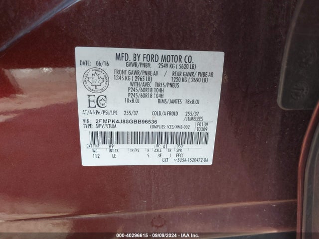 Ford EDGE SEL 2016 2FMPK4J88GBB96536 Image 9