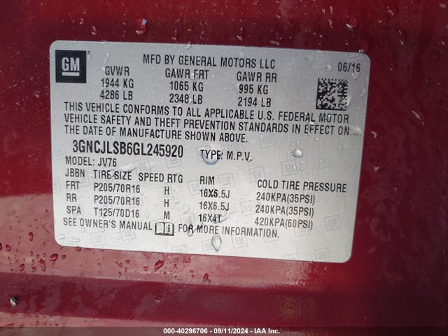 Chevrolet Trax Lt 2016 3GNCJLSB6GL245920 Image 9