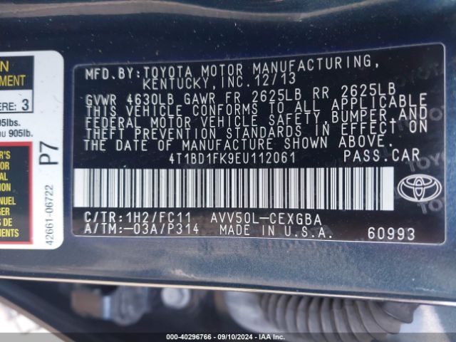4T1BD1FK9EU112061 Toyota Camry Hybrid Xle