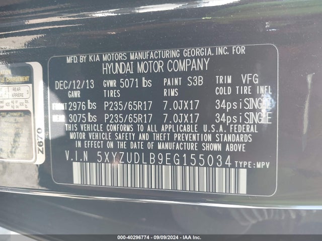 40296774 :رقم المزاد ، 5XYZUDLB9EG155034 vin ، 2014 Hyundai Santa Fe Sport 2.4l مزاد بيع