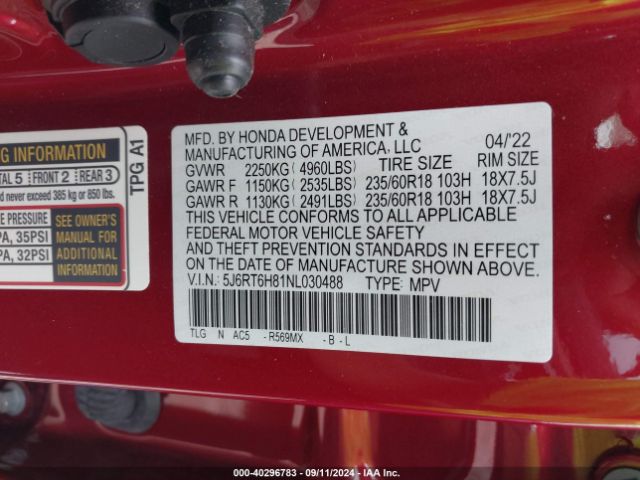 5J6RT6H81NL030488 Honda Cr-v Hybrid Ex-l